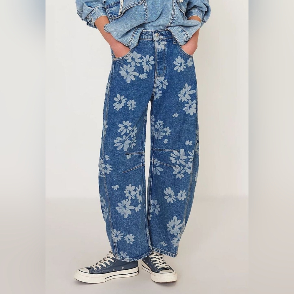 Floral Blue Wide-Leg Jeans Flower Print Y2K Jeans